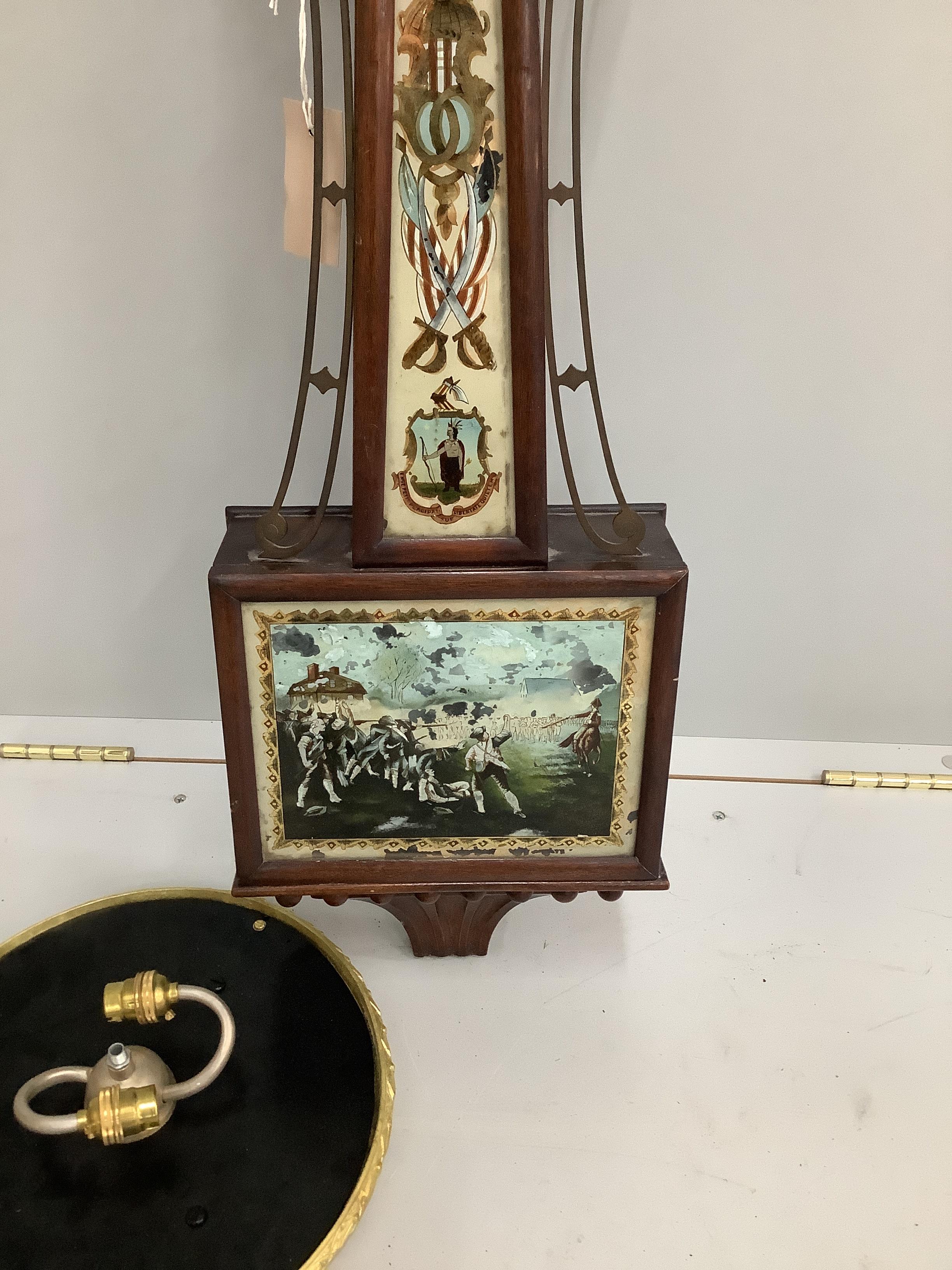 A 19th century style American drop dial wall clock, height 96cm together with a circular metal ceiling light